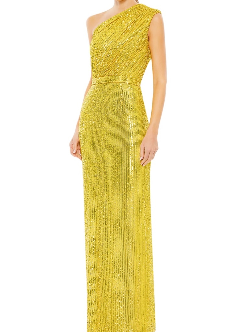 Mac Duggal Yellow Sequin One Shoulder Ruched Gown Maxi Formal Dress 26694 Size 2